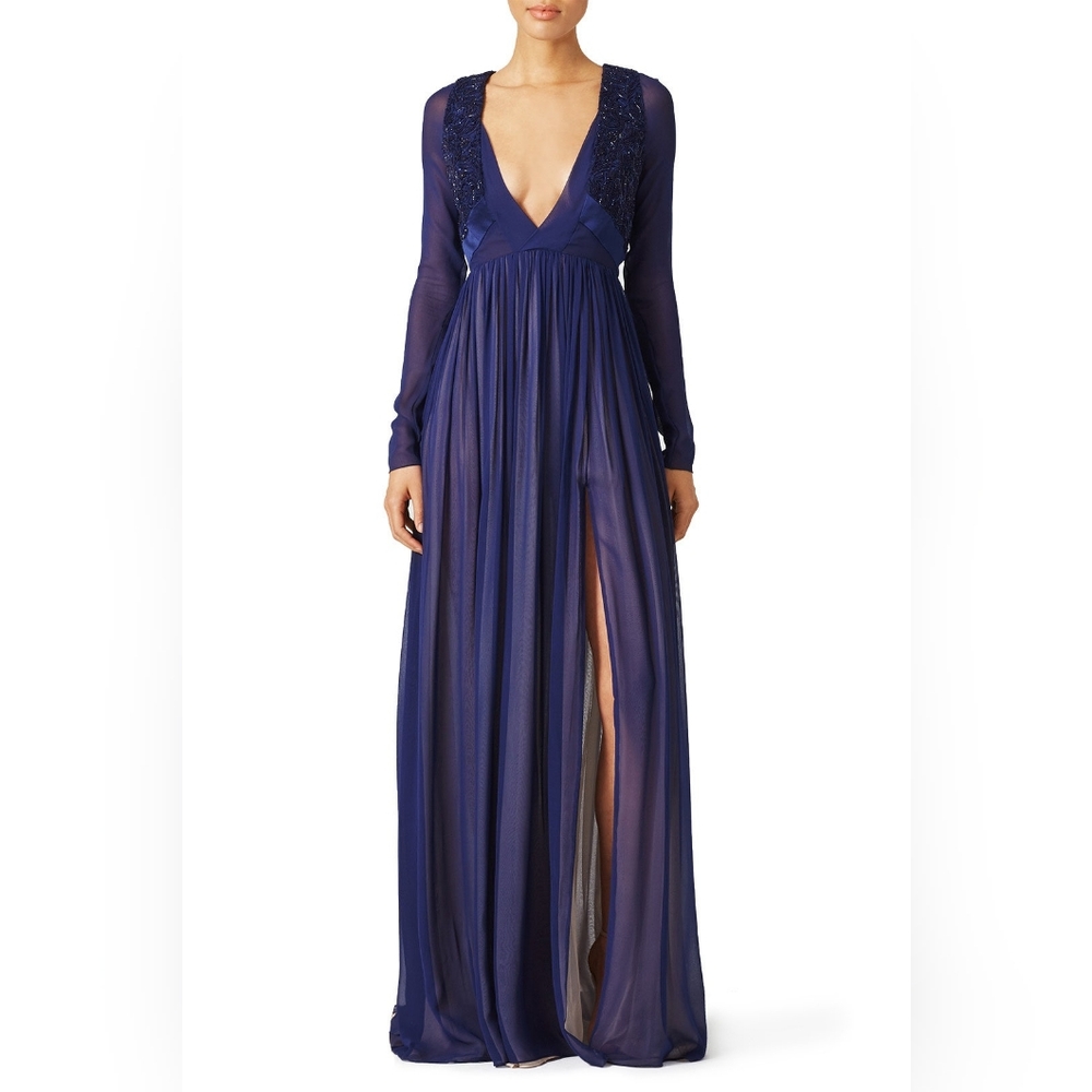 □$4590 GABRIELA CADENA NAVY BLUE SILK BEAD MARALENA RUNWAY GOWN US 10